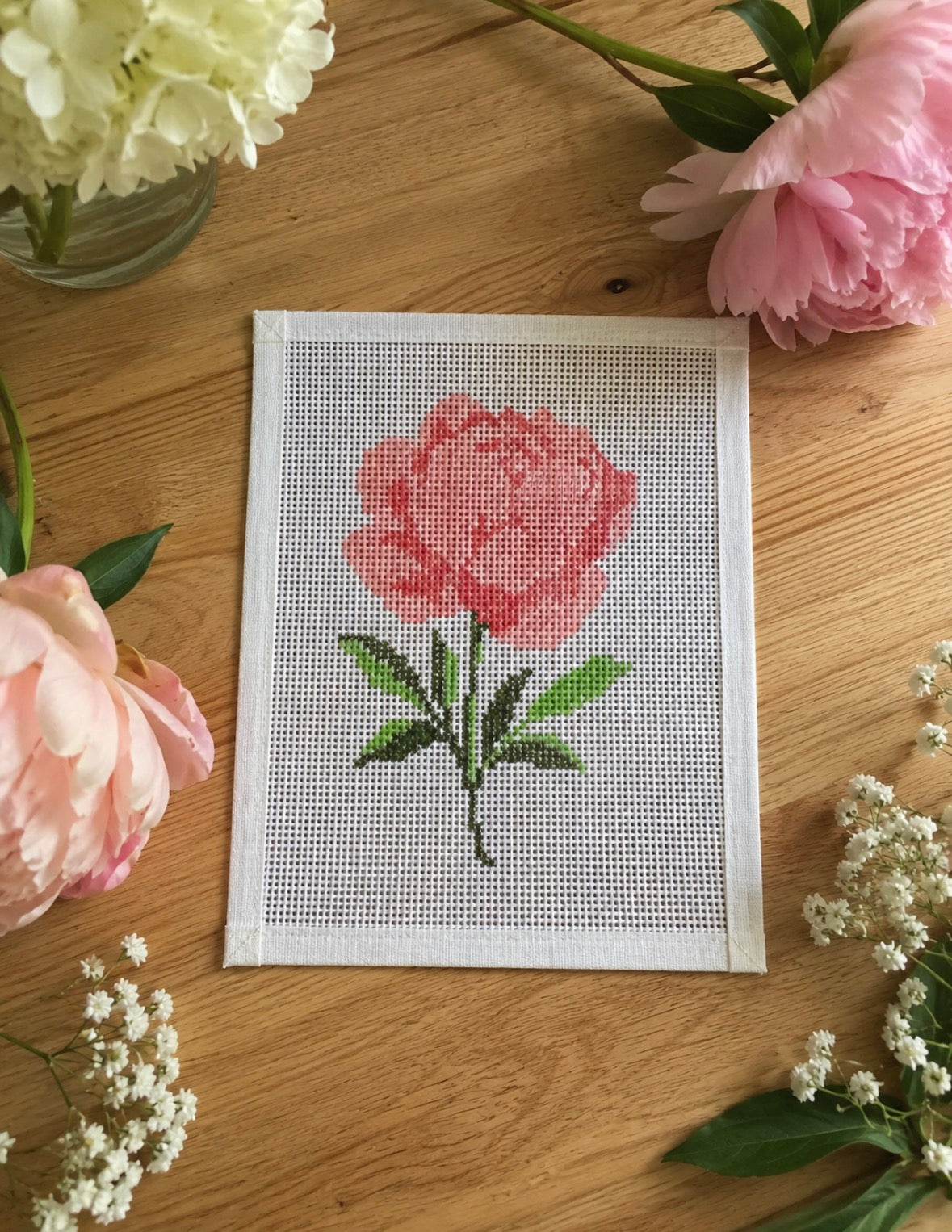 Peony Needlepoint Canvas | Hand-Painted 13 Count Canvas | Beginner Needlepoint Kit Compatible | 4x6 Finished Size | Floral Needlepoint Design