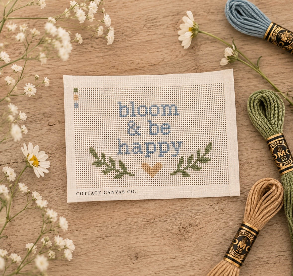 Bloom & Be Happy Needlepoint Canvas – 13 Count Mesh – Beginner Friendly – Cottage Quote Canvas