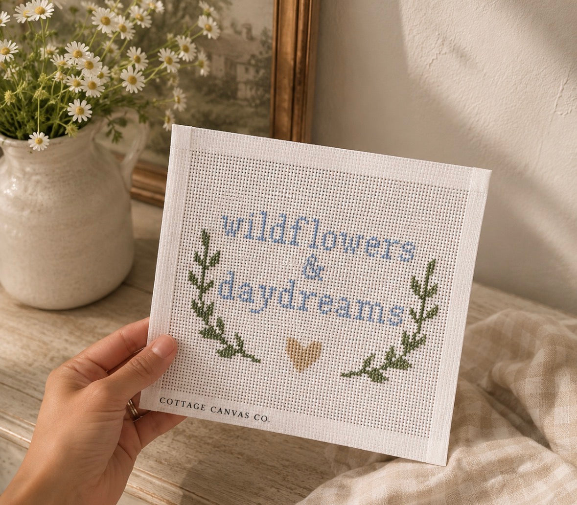 Wildflowers & Daydreams Needlepoint Canvas – Hand-Painted Cottage Quote
