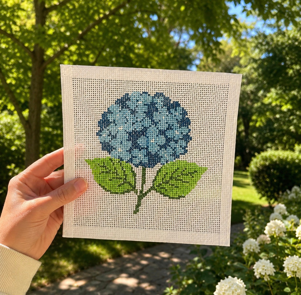 Blue Hydrangea Needlepoint Canvas | Hand-Painted 13 Mesh Canvas | Beginner Needlepoint | Cottage Garden Floral