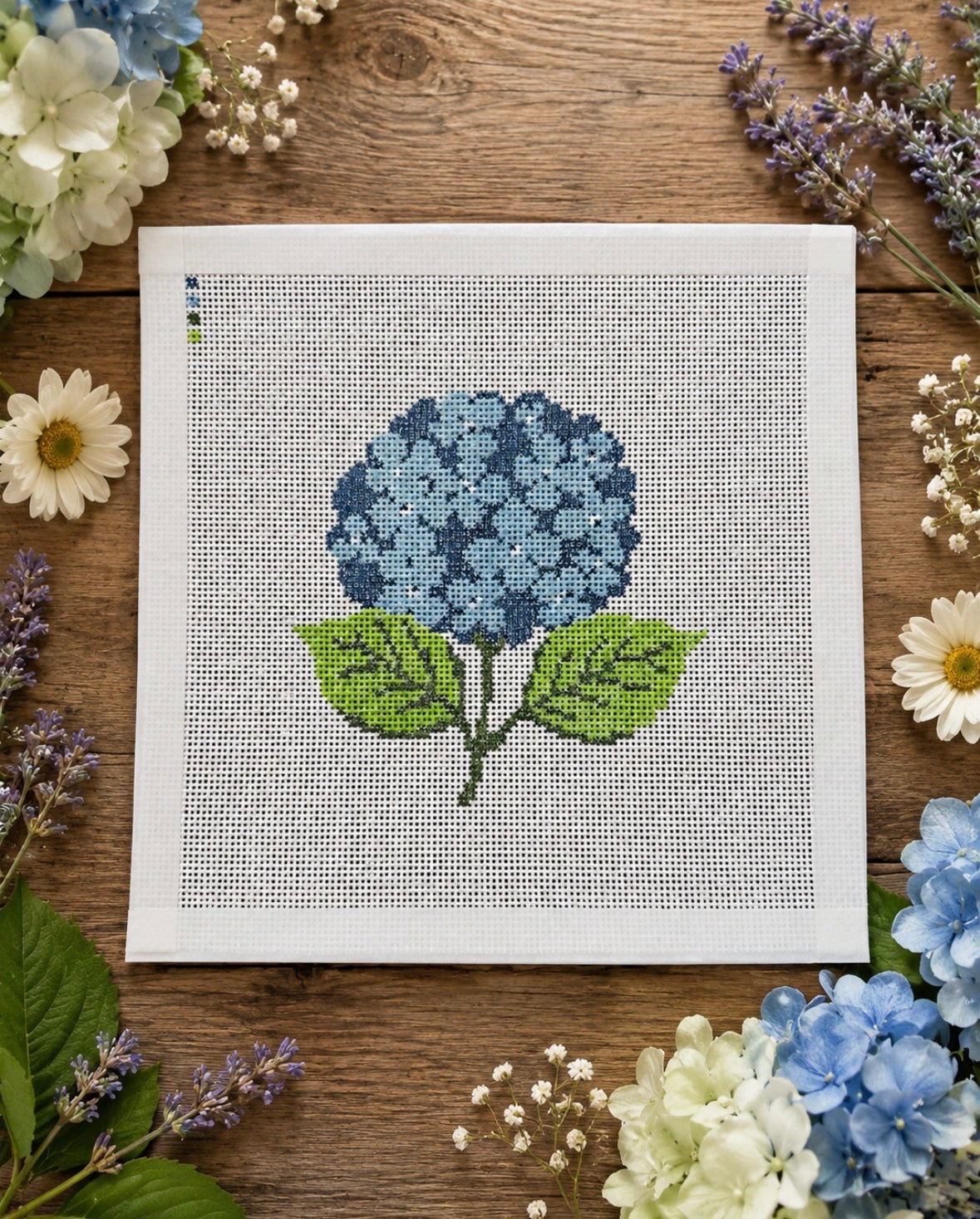 Blue Hydrangea Needlepoint Canvas | Hand-Painted 13 Mesh Canvas | Beginner Needlepoint | Cottage Garden Floral